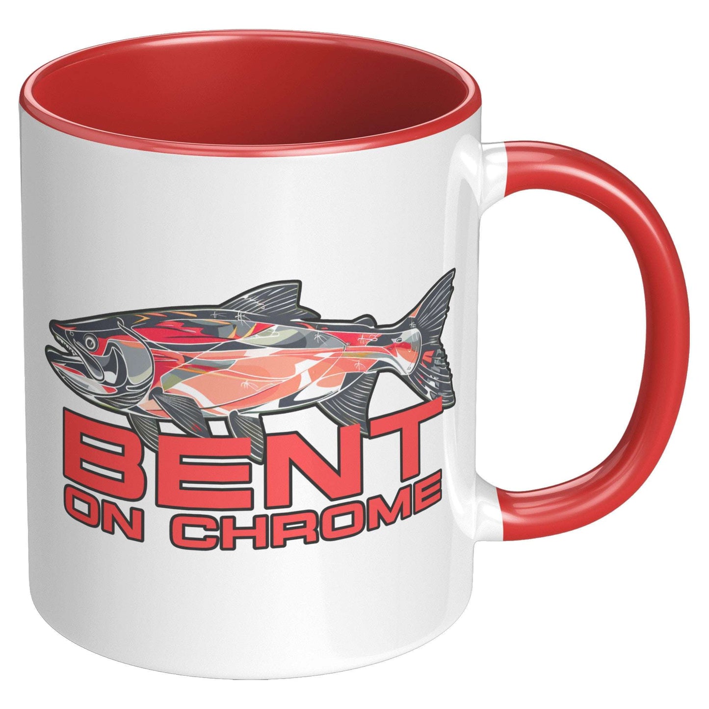 Two white Bent on Chrome - Red Salmon accent mugs with black handles, featuring a graphic of a red fish and the text "bent on chrome" in bold letters. The mugs are identical, have a high gloss finish.
