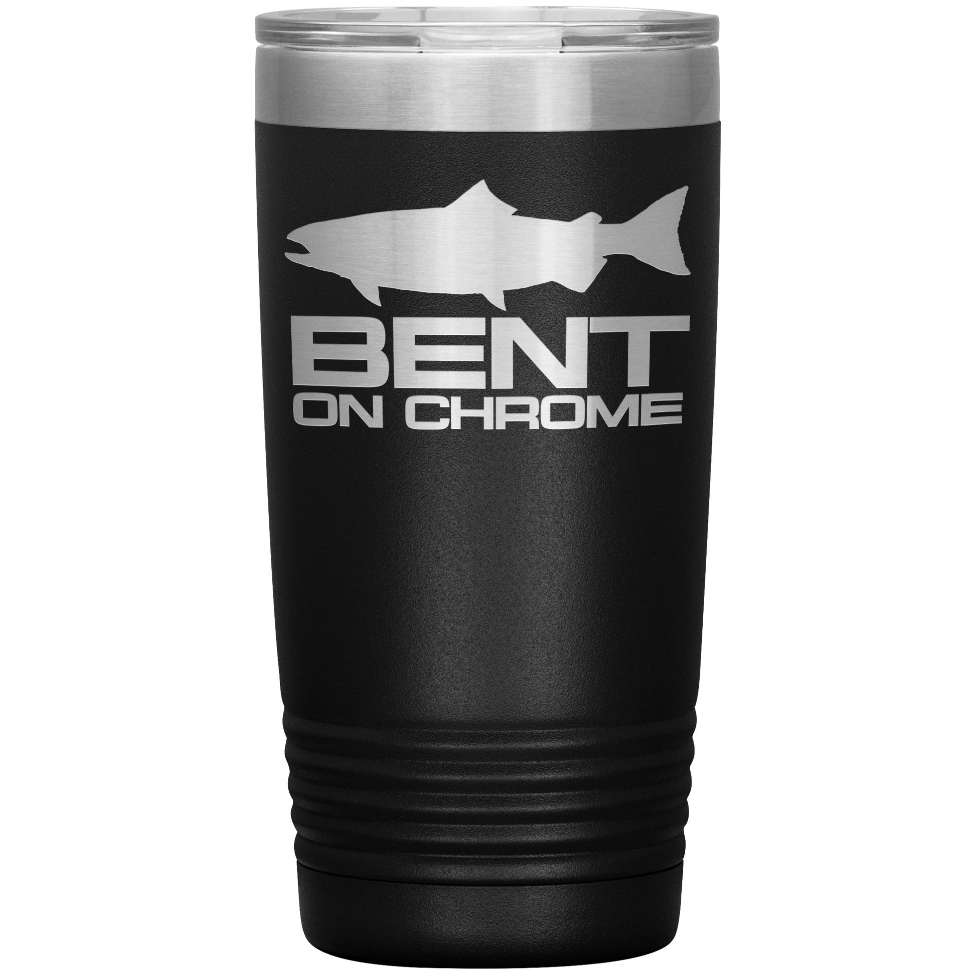 A green 20oz insulated tumbler with a white graphic of a fish and the text "Bent on Chrome - Salmon Logo" displayed on its side.