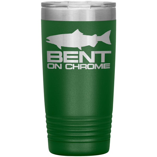 A green 20oz insulated tumbler with a white graphic of a fish and the text "Bent on Chrome - Salmon Logo" displayed on its side.
