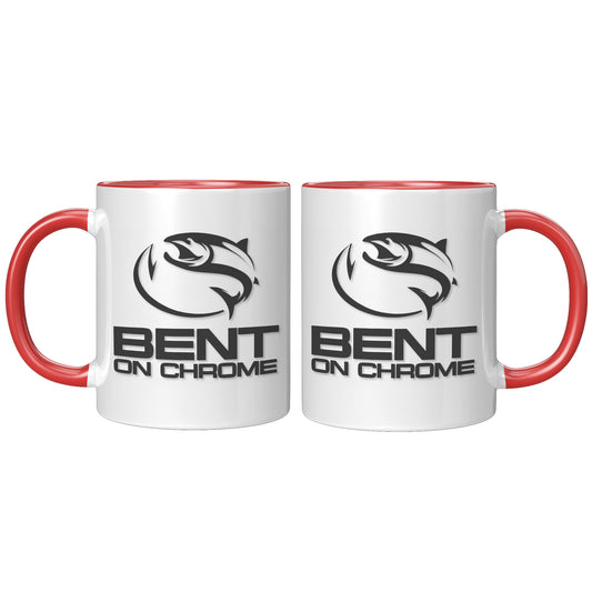 Two Bent on Chrome - Split Logo - Accent Mugs 11 oz with red handles, each featuring a stylized fish design in black and gray colors. The mugs are positioned side by side on
