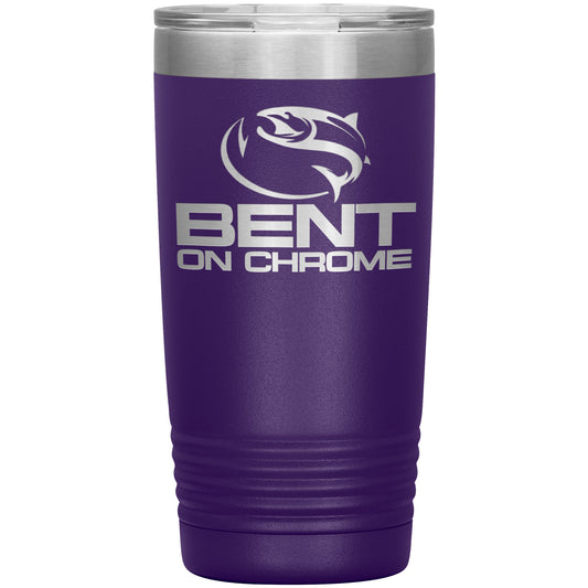 A purple stainless steel Bent on Chrome - Split Logo - Tumbler 20 oz with a silver lid, featuring a logo that includes a stylized fish and the text "Bent On Chrome" in white lettering.