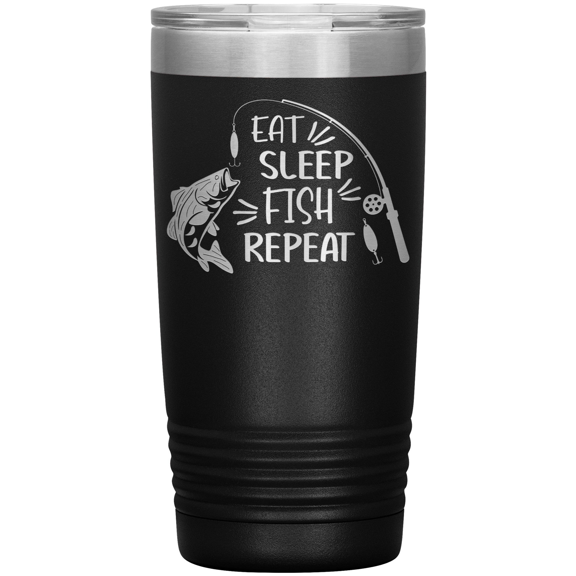 A blue double-wall stainless steel tumbler featuring the white text "eat sleep fish repeat" encircling icons of a fish, a fishing rod, and a lure.