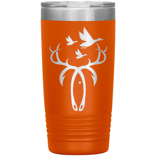 An Fish N Hunt - Laser Etched Tumbler - 20oz with a white graphic of a deer head and flying birds positioned above the deer's antlers.