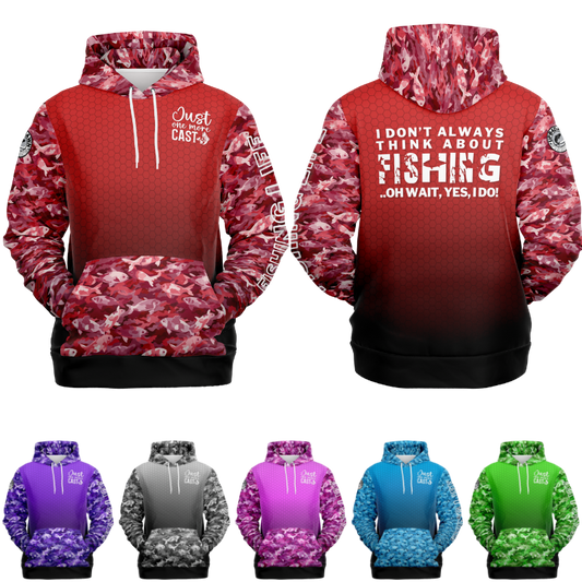 A collection of five Fishing Life AOP Hoodies with various camo patterns and vibrant colors, including red, purple, grey, pink, and green. Each all-over print hoodie features a fishing-related slogan on.