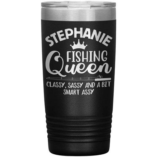 A purple, vacuum-insulated tumbler with a silver lid features the text "Stephanie Fishing Queen - Classy, Sassy and a Bit Smart Assy" in white, with a small fish icon beneath "Queen" and a crown above it. A red banner in the corner says “Personalize It!” making it the perfect Fishing Queen, Classy, Sassy and a bit Smart Assy - Personalized Laser Etched Tumbler - 20 oz.