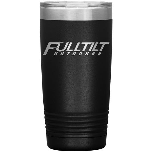 A black Full Tilt Outdoors - Laser Etched Tumbler - 20oz with "fulltilt outdoors" laser etched in gray on the side, featuring a stainless steel rim and base.
