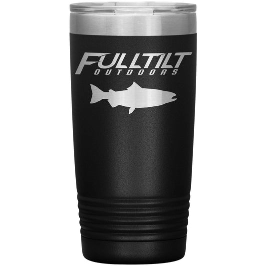 A Full Tilt Outdoors - Laser Etched Tumbler with Fish - 20oz, featuring a red stainless steel insulated tumbler with a silver rim and base, and a white logo for "fulltilt outdoors" and a fish silhouette.