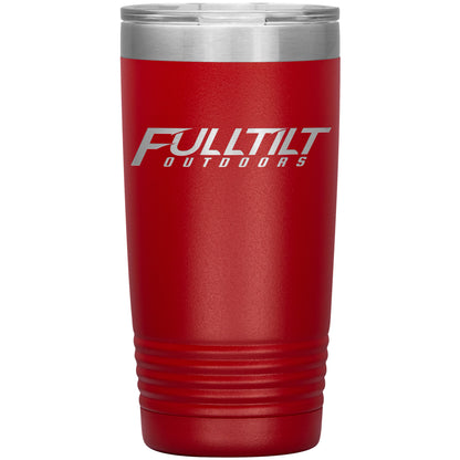 A black Full Tilt Outdoors - Laser Etched Tumbler - 20oz with "fulltilt outdoors" laser etched in gray on the side, featuring a stainless steel rim and base.