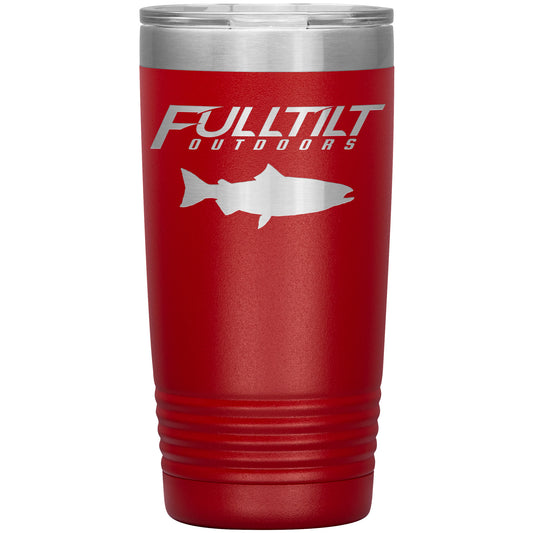 A Full Tilt Outdoors - Laser Etched Tumbler with Fish - 20oz, featuring a red stainless steel insulated tumbler with a silver rim and base, and a white logo for "fulltilt outdoors" and a fish silhouette.