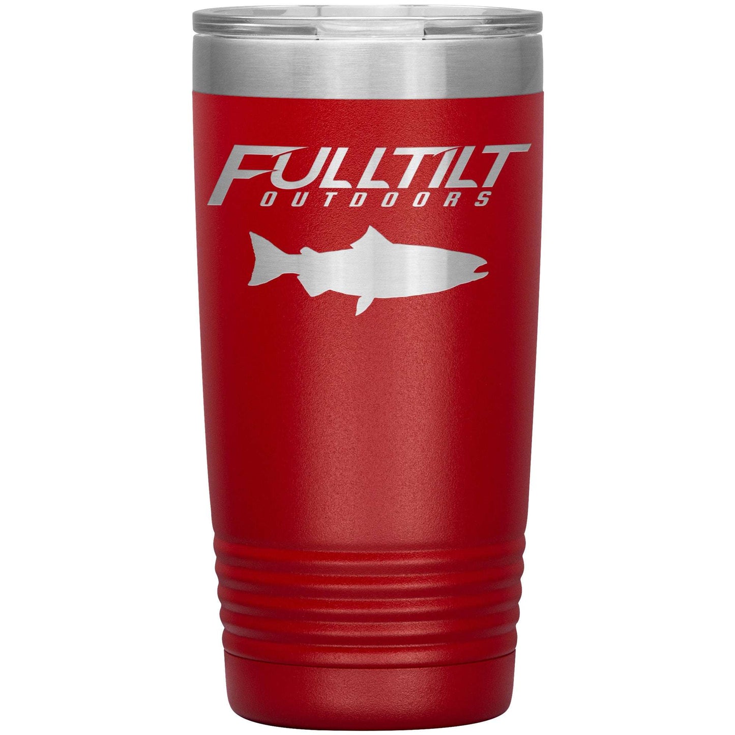A Full Tilt Outdoors - Laser Etched Tumbler with Fish - 20oz, featuring a red stainless steel insulated tumbler with a silver rim and base, and a white logo for "fulltilt outdoors" and a fish silhouette.