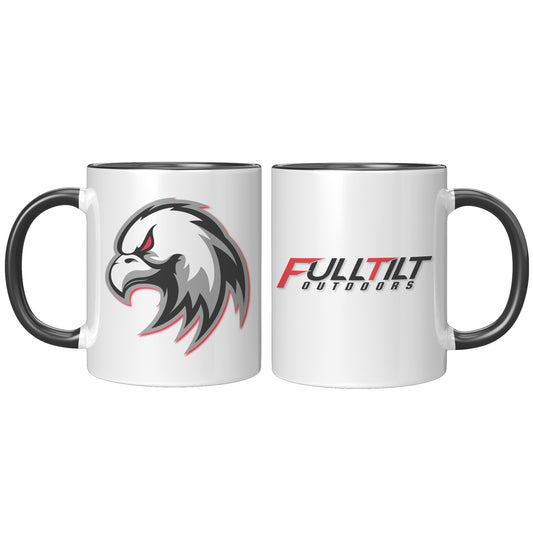 Two Full Tilt Outdoors - Angry Eagle mugs with black handles, one featuring a stylized eagle head logo and the other showing the text "fulltilt outdoors" in black font.