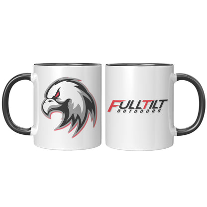 Two Full Tilt Outdoors - Angry Eagle mugs with black handles, one featuring a stylized eagle head logo and the other showing the text "fulltilt outdoors" in black font.