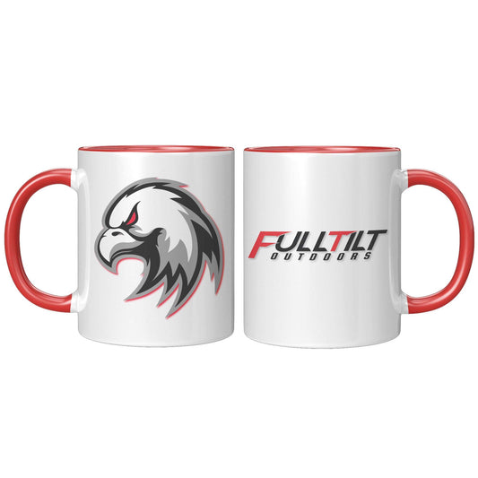 Two Full Tilt Outdoors - Angry Eagle mugs with black handles, one featuring a stylized eagle head logo and the other showing the text "fulltilt outdoors" in black font.