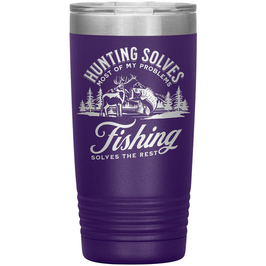 Outdoors tumbler, insulated and purple with white text and graphics stating "hunting solves most of my problems, fishing solves the rest," featuring imagery of a hunter, a deer, trees - Hunting Solves Most of My Problems, Fishing Solves the Rest - Laser Etched Tumbler - 20oz