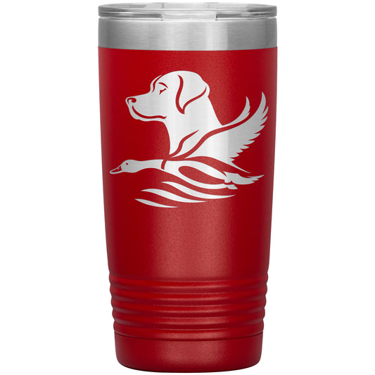 Labraduck - Laser Etched Tumbler - 20oz featuring a white silhouette of a dog and a flying duck on the side.