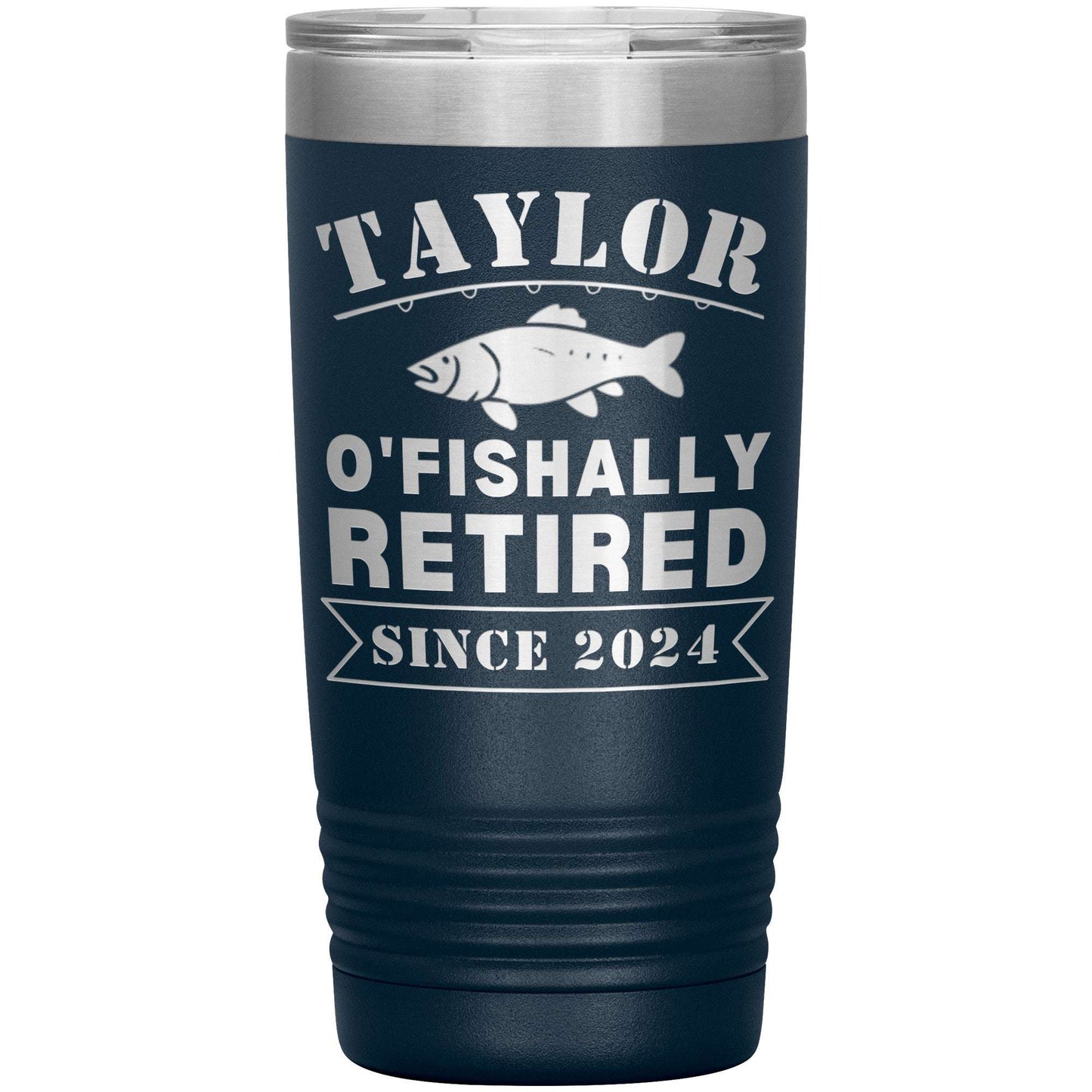 A black, powder-coated O'Fishally Retired - Personalized Laser Etched Tumbler - 20oz with a silver lid features the text: "TAYLOR O'FISHALLY RETIRED SINCE 2024" with an image of a fish above the text.