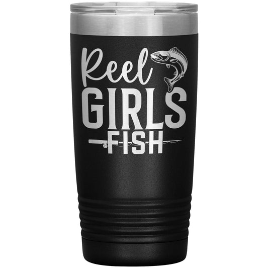 A pink insulated, durable stainless steel tumbler with a silver lid features the phrase "Reel Girls Fish" in bold white and grey text. An illustration of a fish is integrated into the design next to the word "Reel." Perfect for lady anglers, this Reel Girls Fish - Laser Etched Tumbler - 20 oz has a slightly textured grip near the bottom.