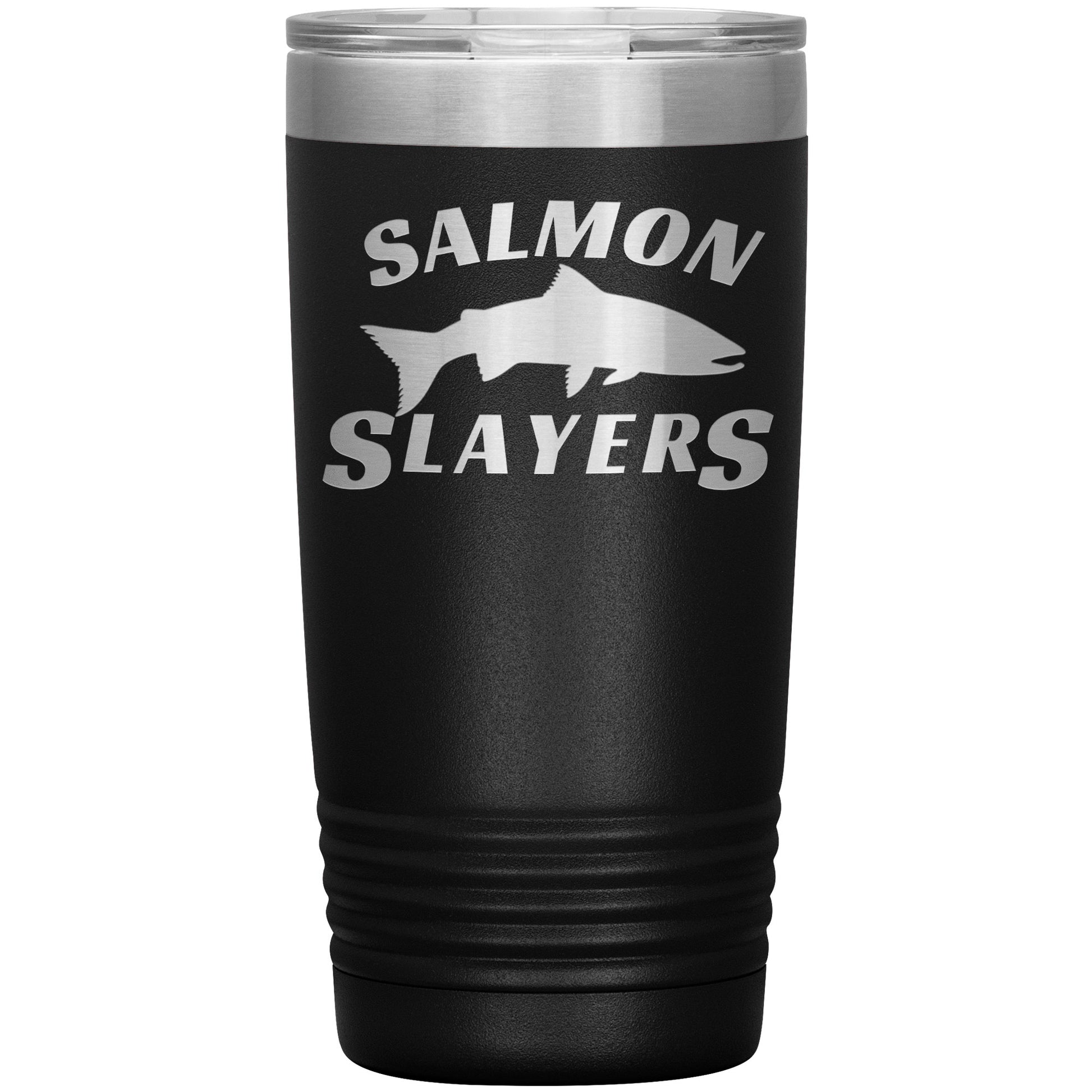 Green 20oz insulated Salmon Slayers tumbler with a silver rim and base, featuring a white silhouette of a fish and the text "salmon slayers" in bold, white letters.