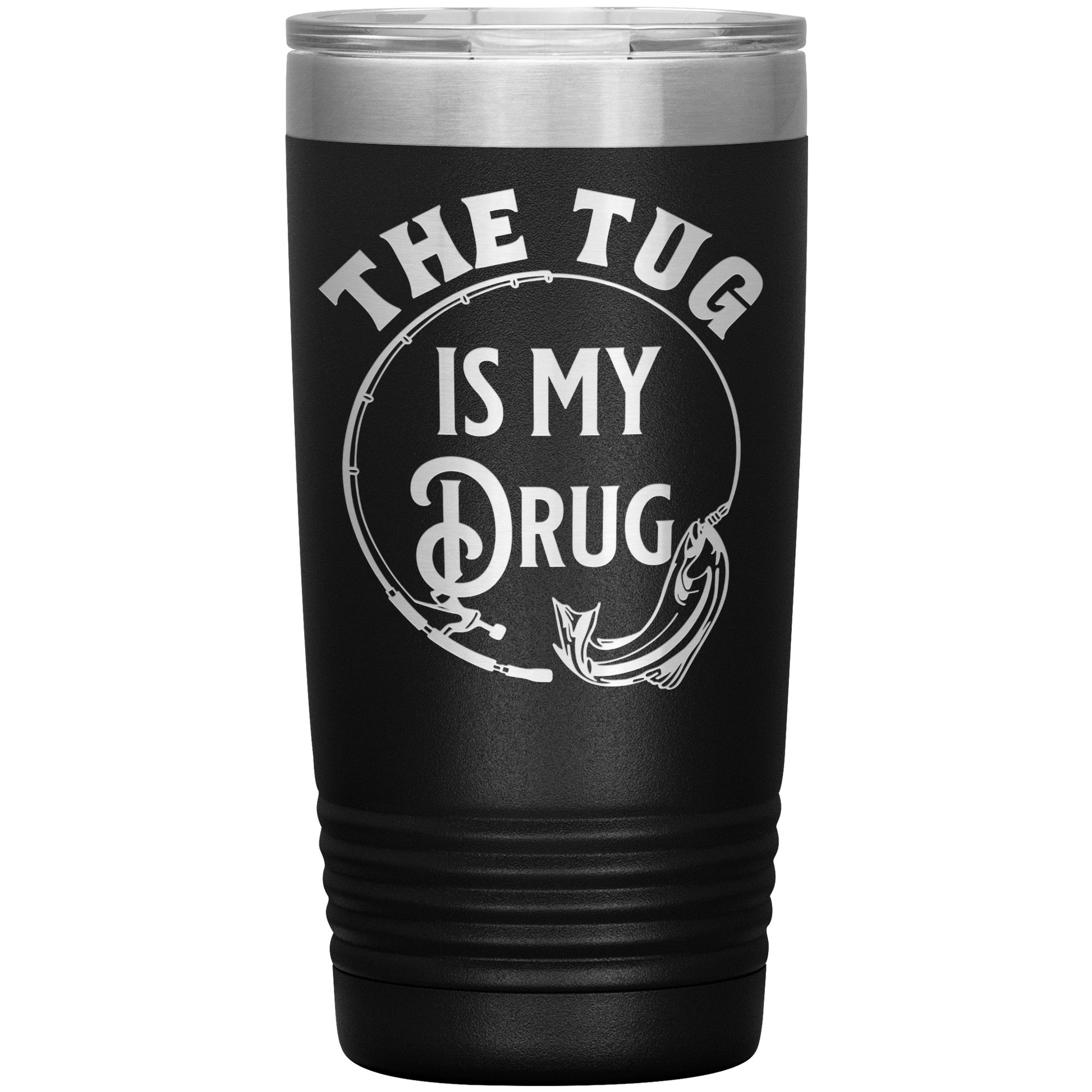 A blue double-wall stainless steel tumbler with the The Tug is my Drug - Laser Etched Tumbler - 20oz and an image of a fish on fishing line inside a circle.