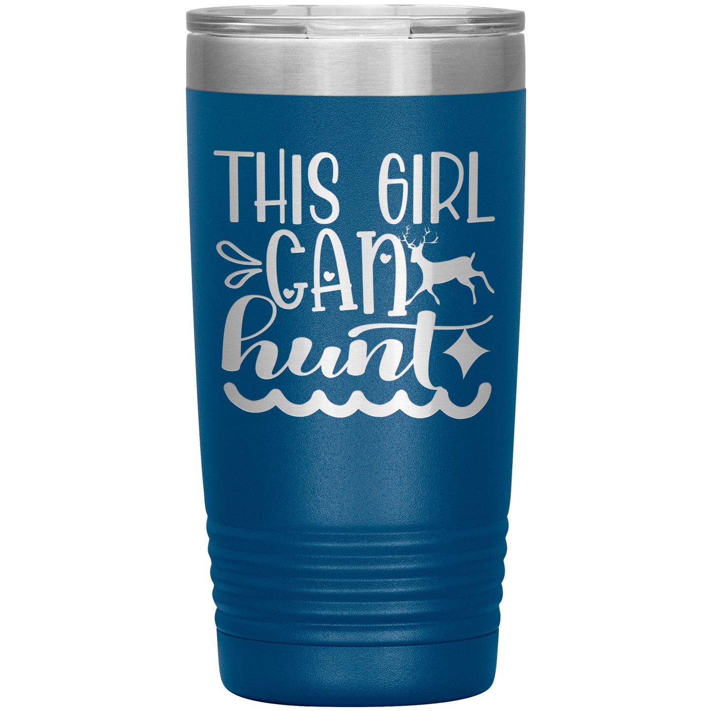 A This Girl Can Hunt - Laser Etched Tumbler - 20oz with a silver rim and lid, featuring the white text "this girl can hunt" with decorative elements like antlers and waves.