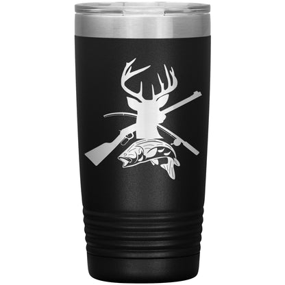 A green, double-wall stainless steel Two Seasons - Laser Etched Tumbler - 20oz featuring a white decal of a deer head, crossed rifles, and a fish, symbolizing hunting and fishing themes.