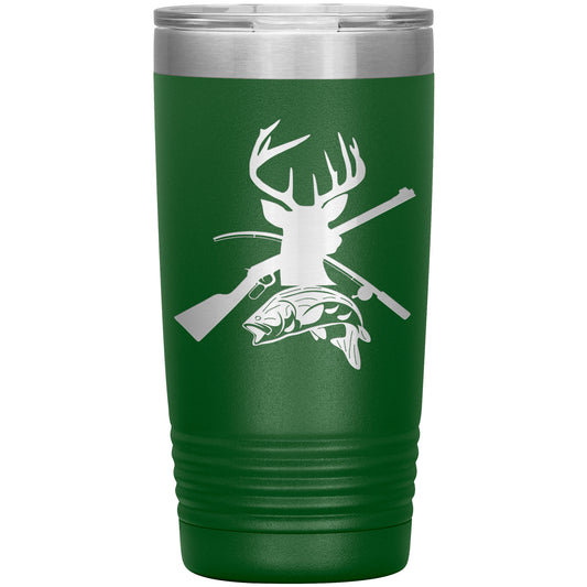 A green, double-wall stainless steel Two Seasons - Laser Etched Tumbler - 20oz featuring a white decal of a deer head, crossed rifles, and a fish, symbolizing hunting and fishing themes.