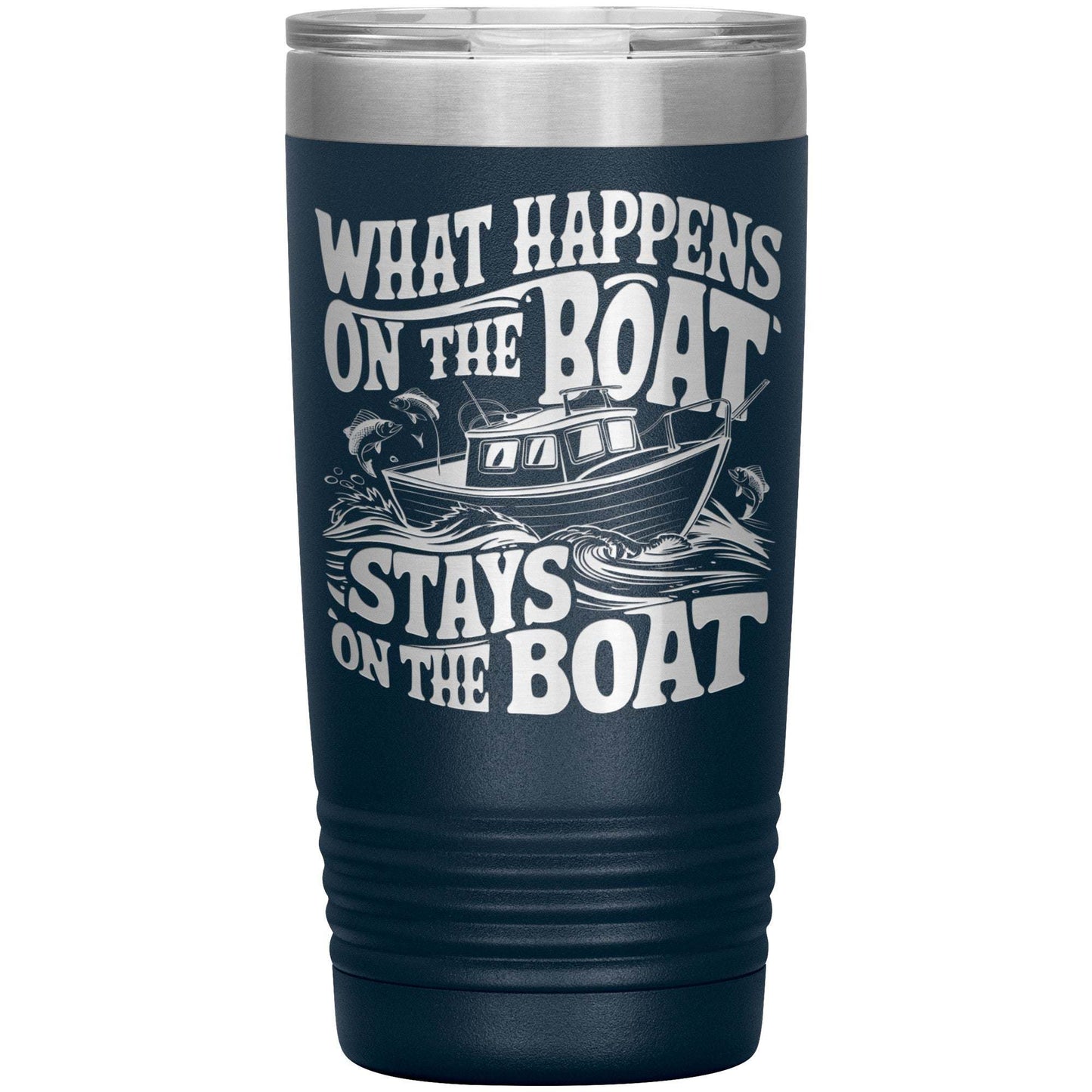 Introducing the 20oz "What Happens on the Boat, Stays on the Boat" Laser Etched Tumbler. This black, double-wall stainless steel tumbler comes with a silver lid and features white text accompanied by a graphic of a boat surrounded by waves—ideal for your boating adventures.