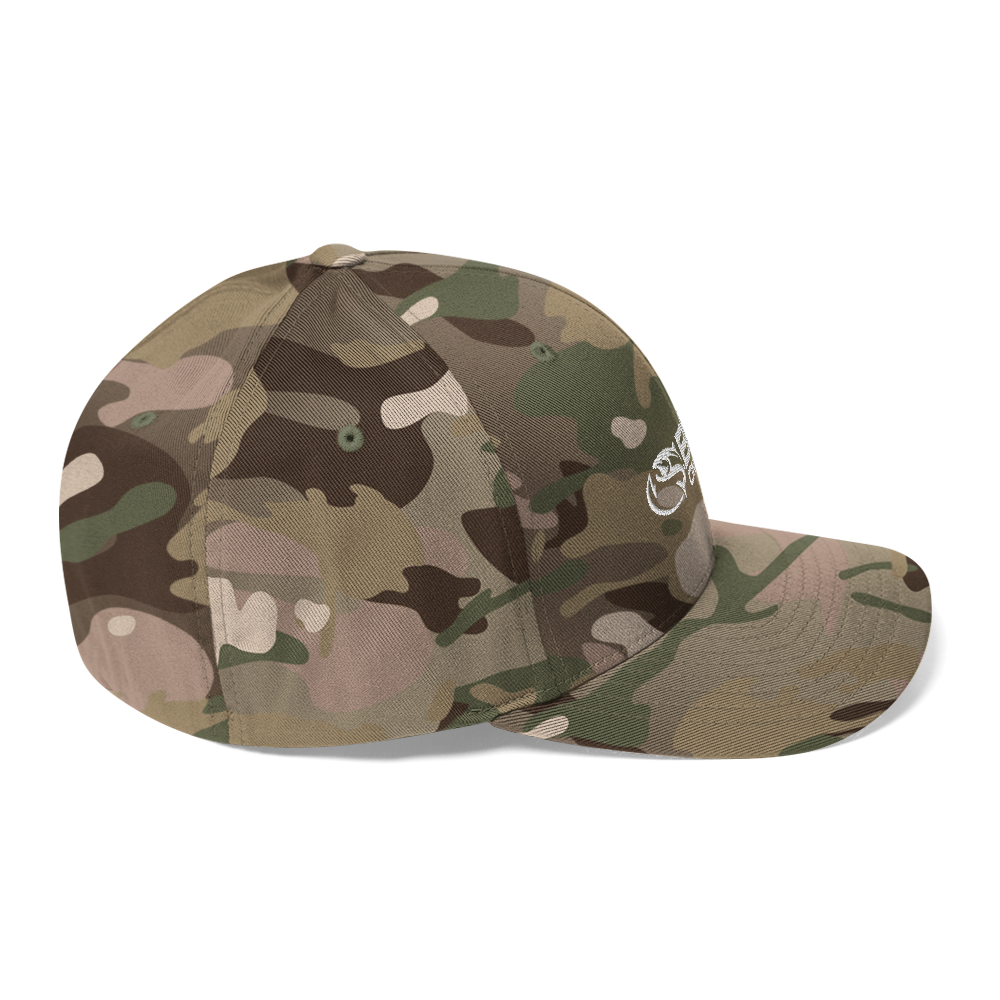 A camouflage athletic hat featuring the Bent on Chrome logo embroidered in white on the front. The cap has a structured design with a curved brim.