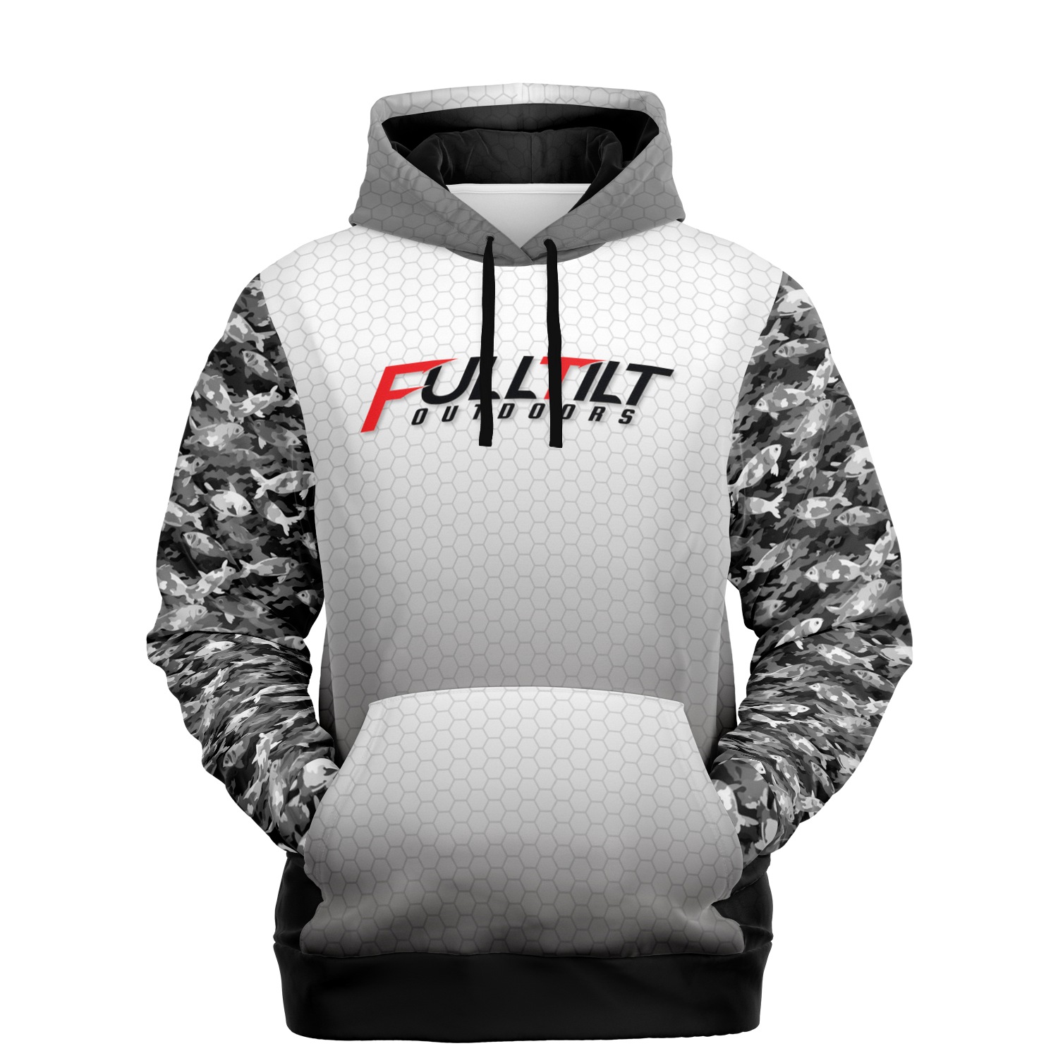 A digital rendering of a Full Tilt Outdoors - Angry Eagle - Tri-Blend Hoodie featuring a gray camo design with a hexagonal pattern on the lower half and the "full tilt boats" logo in red and black across the chest.