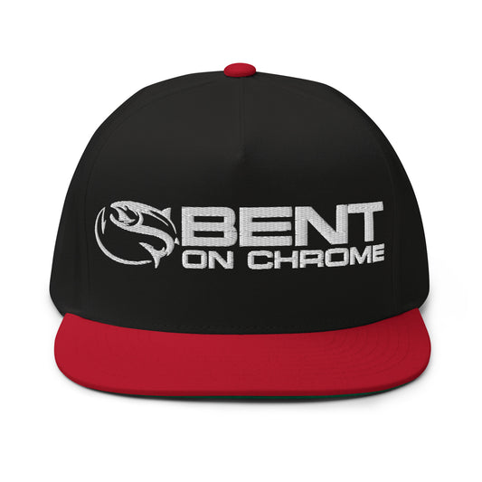 Black and red baseball cap with "Bent on Chrome - Flat Bill Cotton Twill Cap - Puffer Embroidery" text and a stylized fish logo embroidered on the front, featuring a snapback closure.