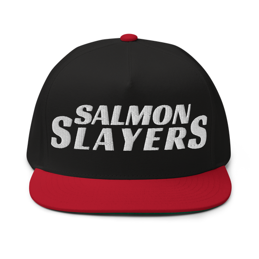 Black and red high profile cap with the words "Salmon Slayers" embroidered in bold, white letters on the front, featuring a snapback closure.