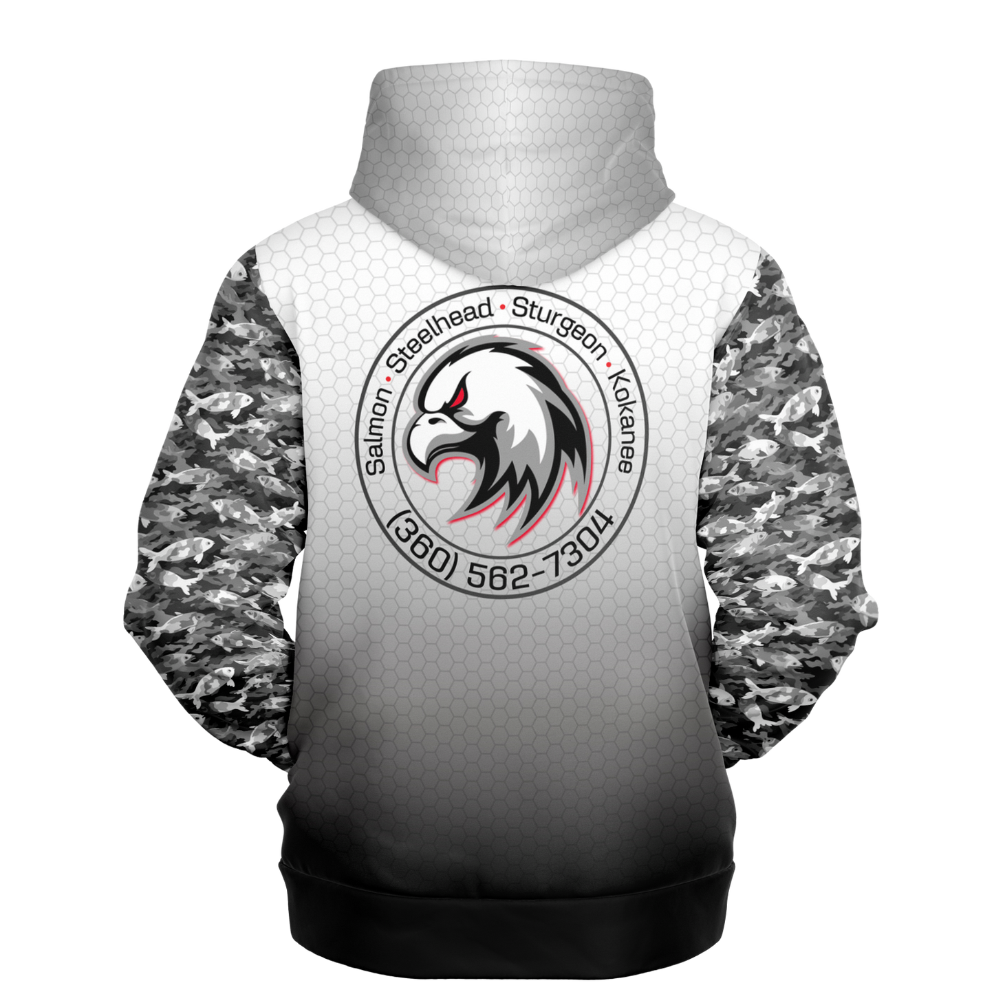 A digitally designed gray and white Angry Eagle Performance hoodie with the logo "full tilt outdoors" in red letters across the chest, showcased on a plain black background.