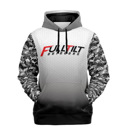 A digitally designed gray and white Angry Eagle Performance hoodie with the logo "full tilt outdoors" in red letters across the chest, showcased on a plain black background.