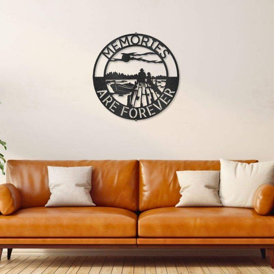 Customizable laser-cut steel sign featuring a dad and son fishing scene, perfect for family memories.