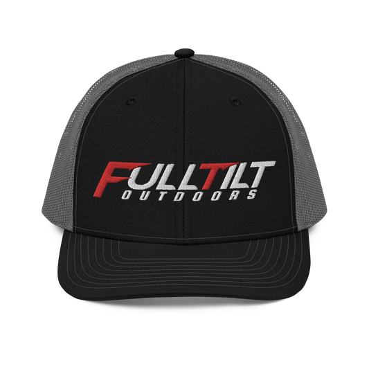A black and gray Full Tilt Outdoors - Richardson 112 - Trucker Cap with the logo "fulltilt outdoors" in bold red and white lettering on the front, featuring an adjustable snapback.