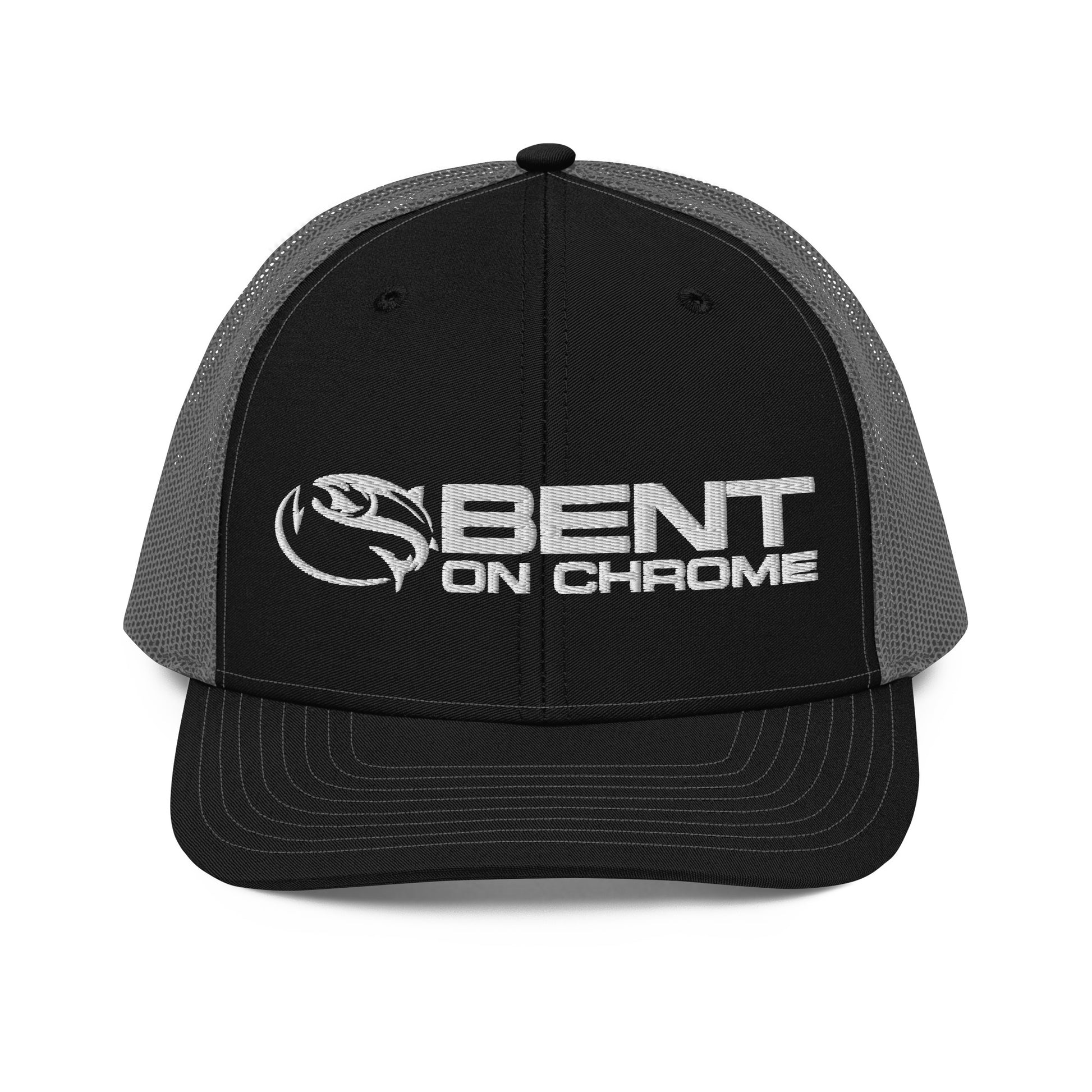 A black and gray Bent on Chrome - Richardson 112 Trucker Cap with Puffer Embroidery featuring the logo "bent on chrome" with a stylized wing design on the front panel. The cap has a mesh back, an adjustable snap