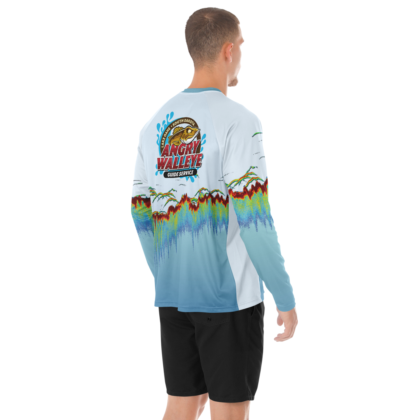 Angry Walleye - Men's Sonar Scan Light Blue LS Sun Protection Performance Shirt