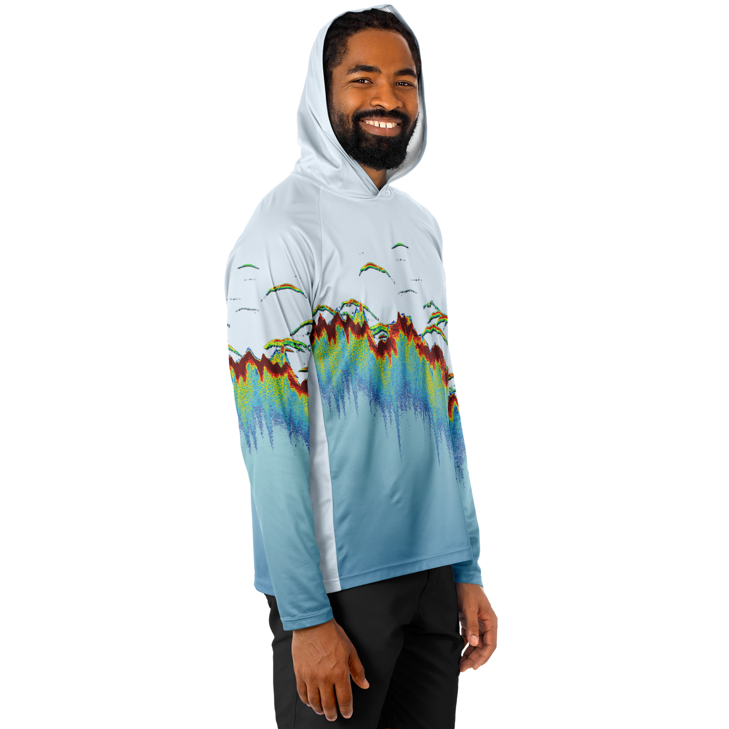 Angry Walleye - Men's Sonar Scan Light Blue LS Hooded Sun Protection Performance Shirt