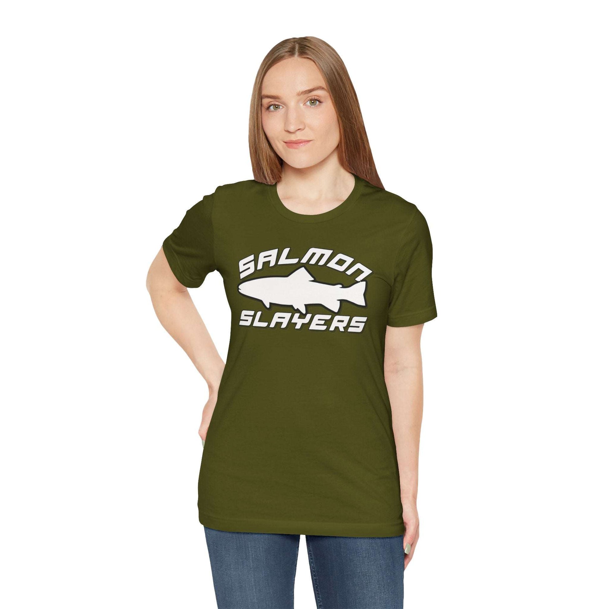 The Slamon Slayers - Sport - T-Shirt boasts a bold graphic design with a white silhouette of a fish at the center. Made from soft Airlume cotton, it features the text "Salmon Slayers" in a sporty, block-style font above and below the fish.