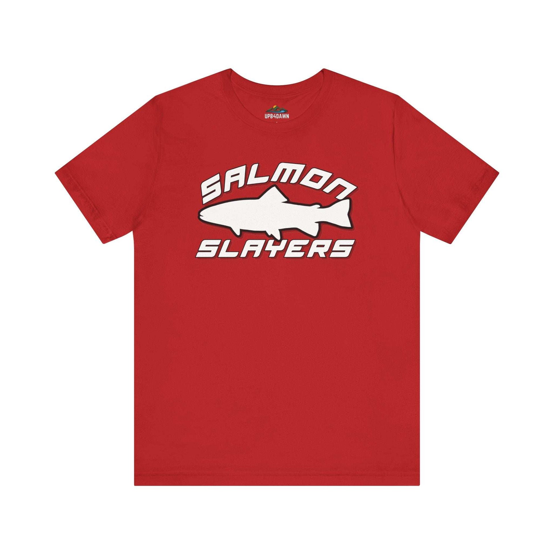 The Slamon Slayers - Sport - T-Shirt boasts a bold graphic design with a white silhouette of a fish at the center. Made from soft Airlume cotton, it features the text "Salmon Slayers" in a sporty, block-style font above and below the fish.