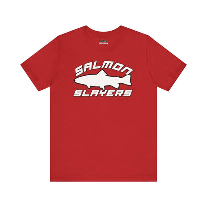 The Slamon Slayers - Sport - T-Shirt boasts a bold graphic design with a white silhouette of a fish at the center. Made from soft Airlume cotton, it features the text "Salmon Slayers" in a sporty, block-style font above and below the fish.