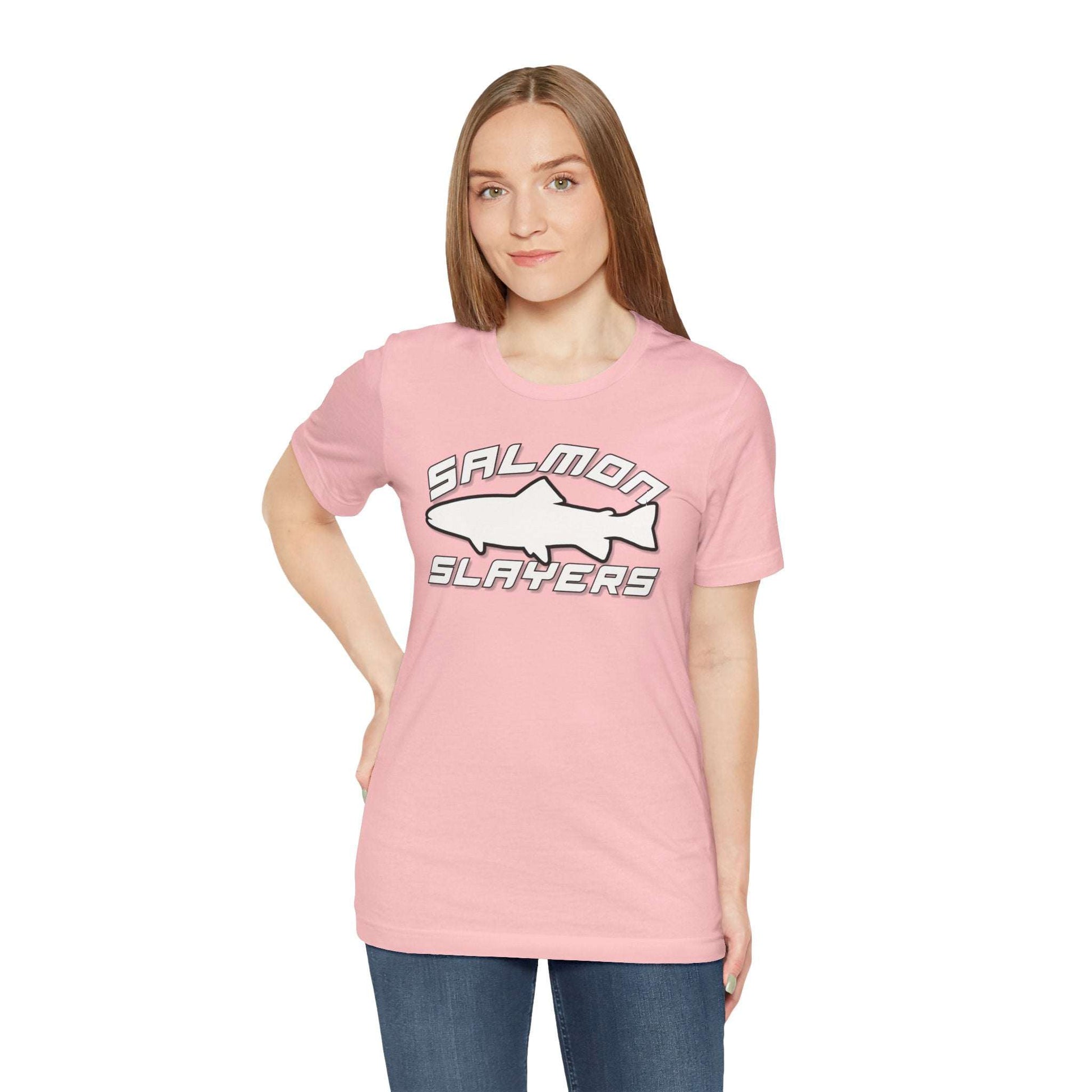 The Slamon Slayers - Sport - T-Shirt boasts a bold graphic design with a white silhouette of a fish at the center. Made from soft Airlume cotton, it features the text "Salmon Slayers" in a sporty, block-style font above and below the fish.