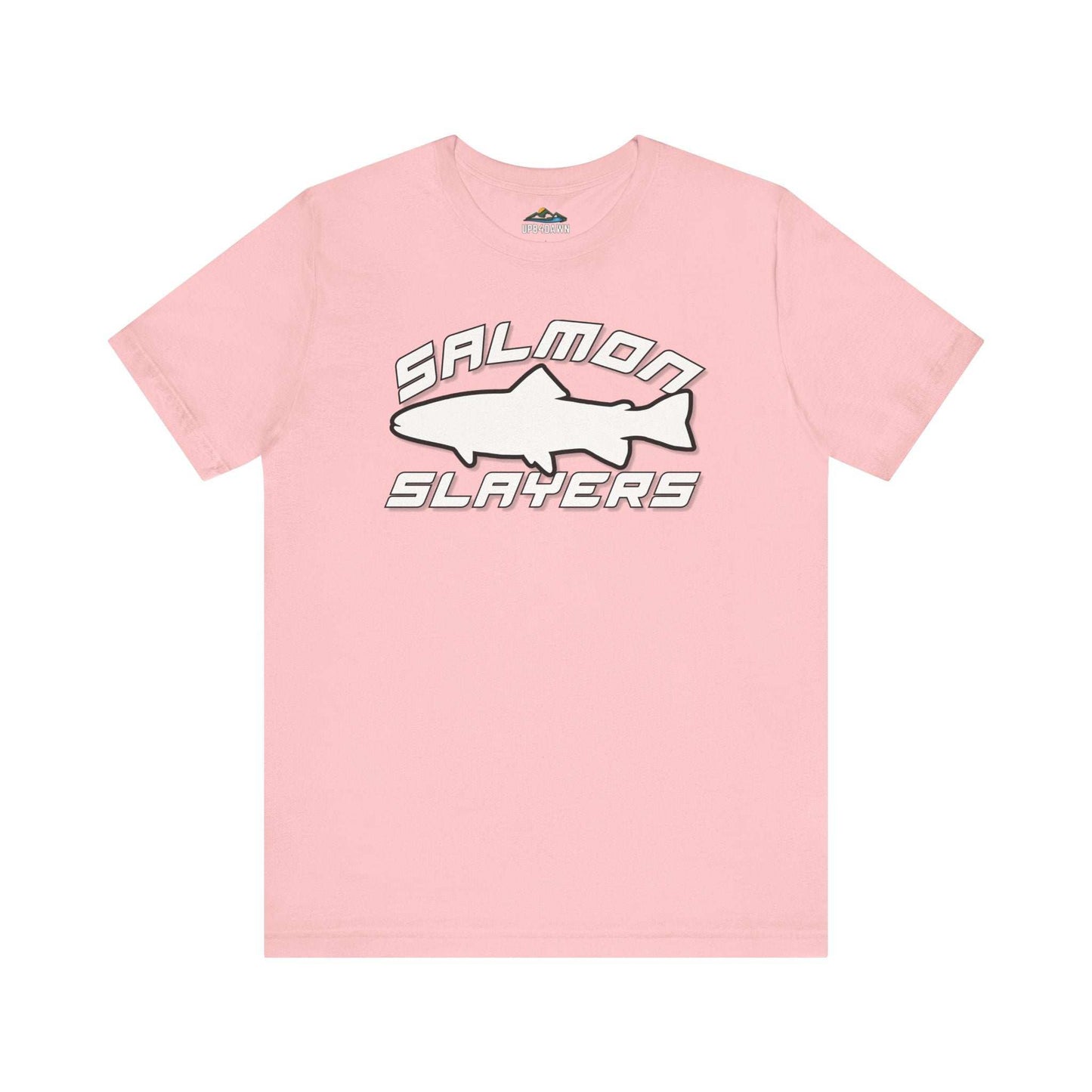 The Slamon Slayers - Sport - T-Shirt boasts a bold graphic design with a white silhouette of a fish at the center. Made from soft Airlume cotton, it features the text "Salmon Slayers" in a sporty, block-style font above and below the fish.