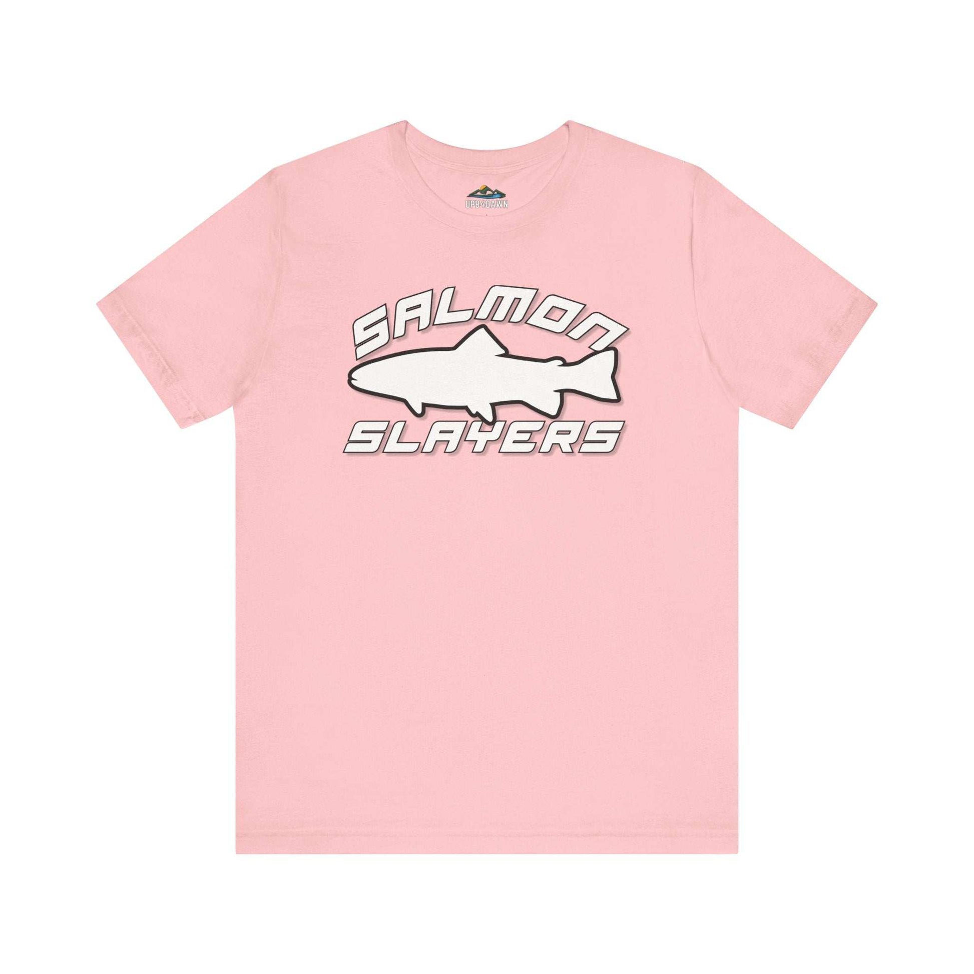 The Slamon Slayers - Sport - T-Shirt boasts a bold graphic design with a white silhouette of a fish at the center. Made from soft Airlume cotton, it features the text "Salmon Slayers" in a sporty, block-style font above and below the fish.
