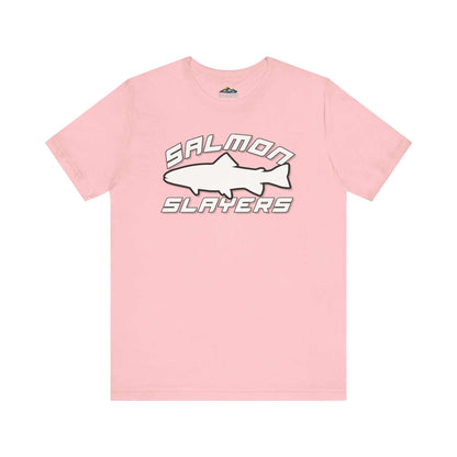 The Slamon Slayers - Sport - T-Shirt boasts a bold graphic design with a white silhouette of a fish at the center. Made from soft Airlume cotton, it features the text "Salmon Slayers" in a sporty, block-style font above and below the fish.