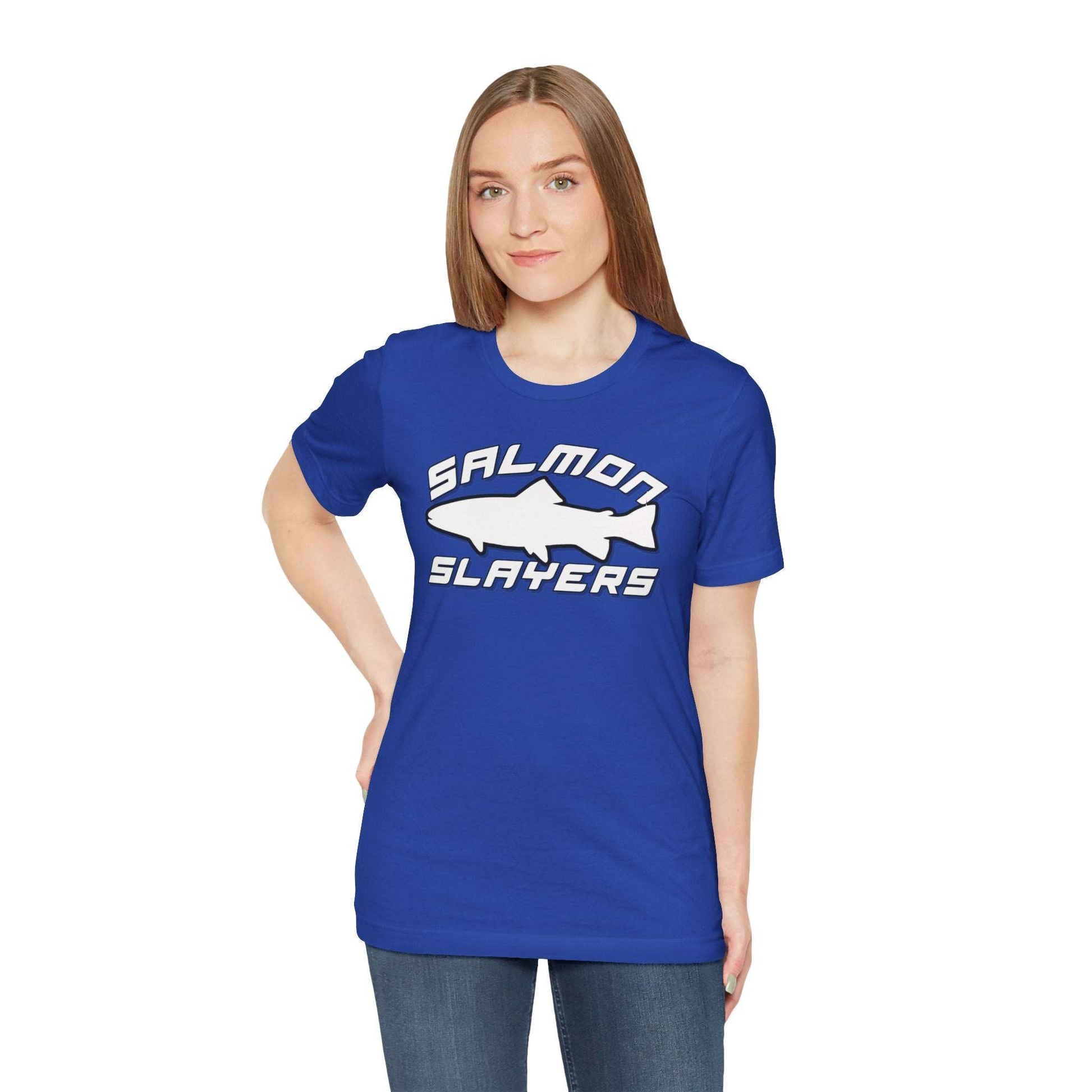 The Slamon Slayers - Sport - T-Shirt boasts a bold graphic design with a white silhouette of a fish at the center. Made from soft Airlume cotton, it features the text "Salmon Slayers" in a sporty, block-style font above and below the fish.