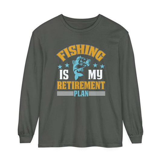 A black unisex long-sleeve t-shirt with the text "Fishing is My Retirement Plan" in colorful retro-style font, featuring an illustration of a fish jumping above the text.