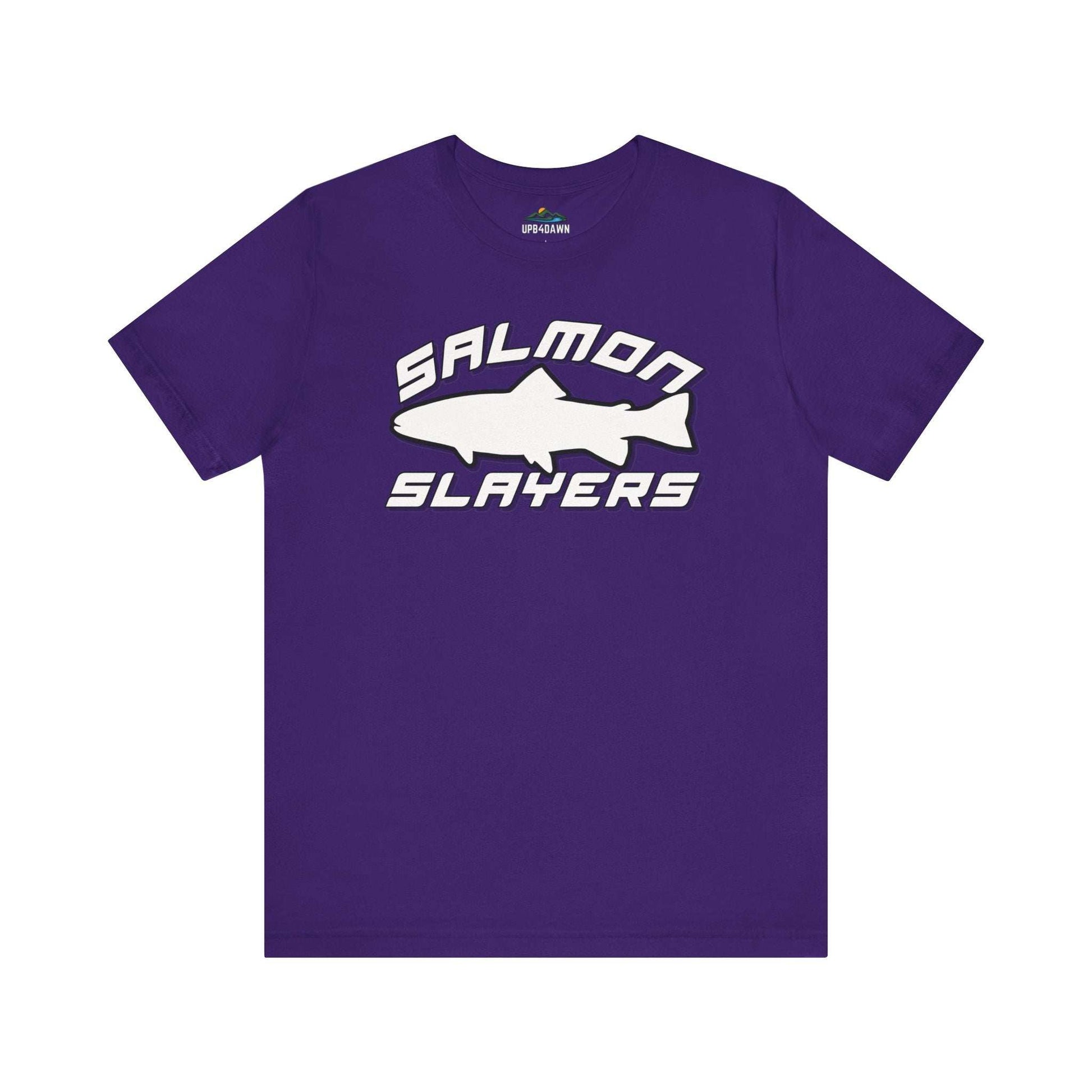 The Slamon Slayers - Sport - T-Shirt boasts a bold graphic design with a white silhouette of a fish at the center. Made from soft Airlume cotton, it features the text "Salmon Slayers" in a sporty, block-style font above and below the fish.