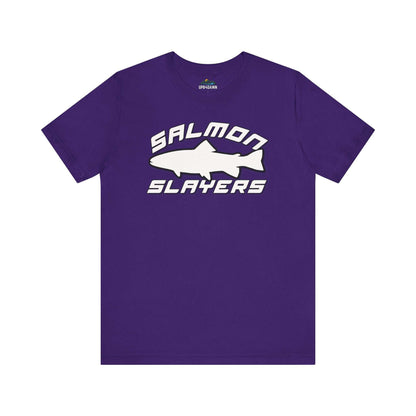 The Slamon Slayers - Sport - T-Shirt boasts a bold graphic design with a white silhouette of a fish at the center. Made from soft Airlume cotton, it features the text "Salmon Slayers" in a sporty, block-style font above and below the fish.