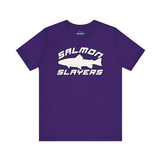 The Slamon Slayers - Sport - T-Shirt boasts a bold graphic design with a white silhouette of a fish at the center. Made from soft Airlume cotton, it features the text "Salmon Slayers" in a sporty, block-style font above and below the fish.
